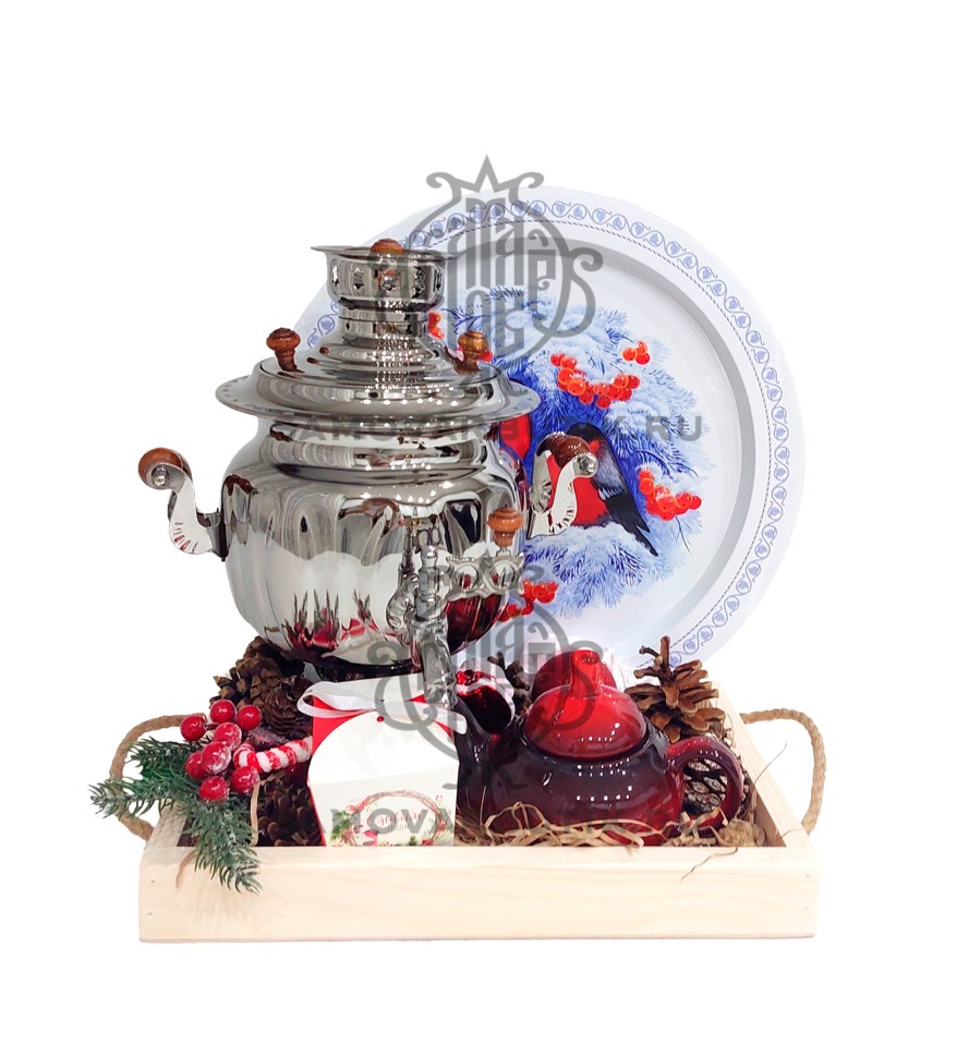 Самовар на дровах "Шар гранный" 3 литра в подарочном наборе серебристый