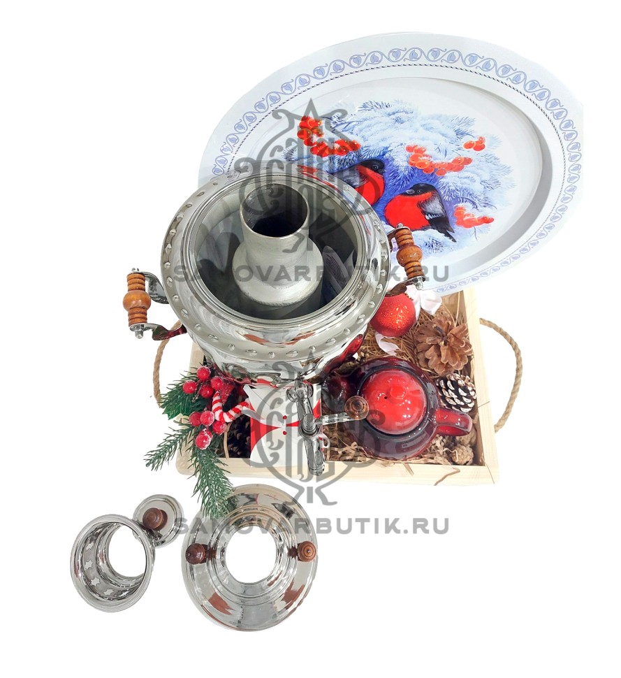 Самовар на дровах "Шар гранный" 3 литра в подарочном наборе серебристый