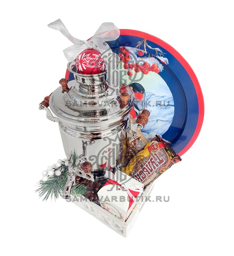 Самовар на дровах "Банка" 2,5 литра в подарочном наборе серебристый