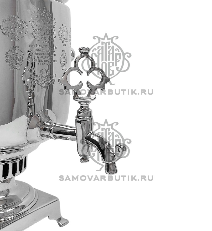 Самовар комбинированный 8-9 литров "Банка" с медалями латунь в никеле. Т-во паровой самоварной фабрики наслед. В.С. Баташева в Туле