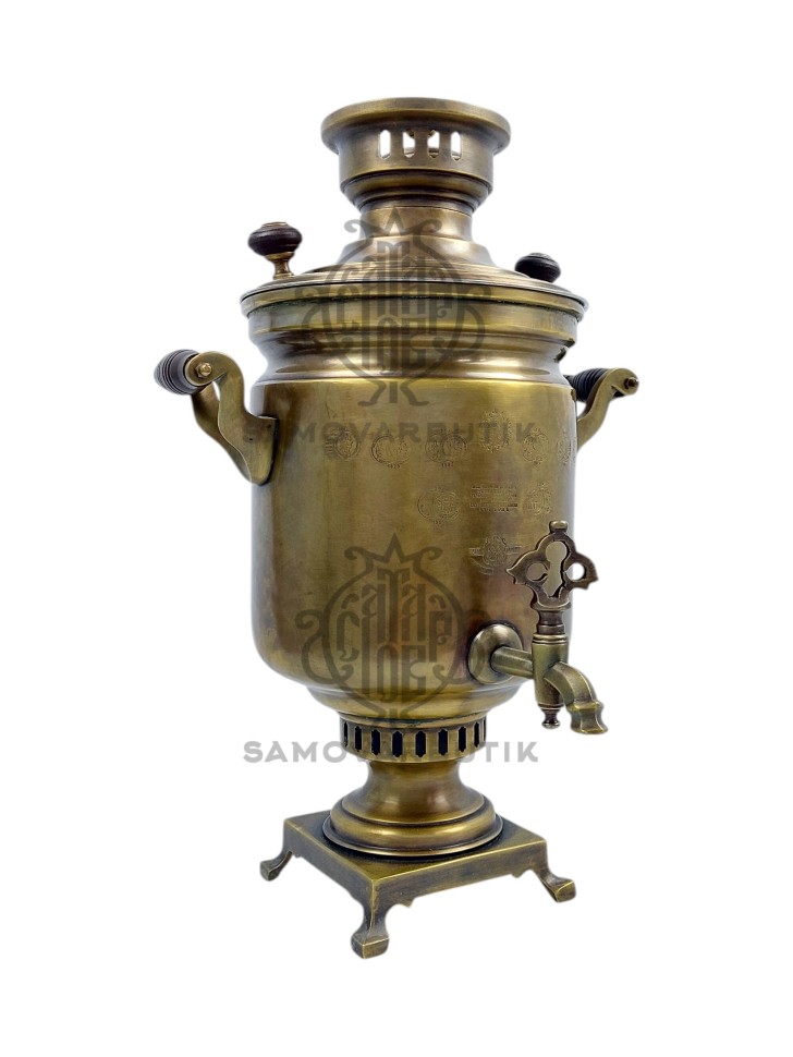 Самовар антикварный на дровах "Банка" с медалями 5 литров наследники В.С. Баташева латунь в патине