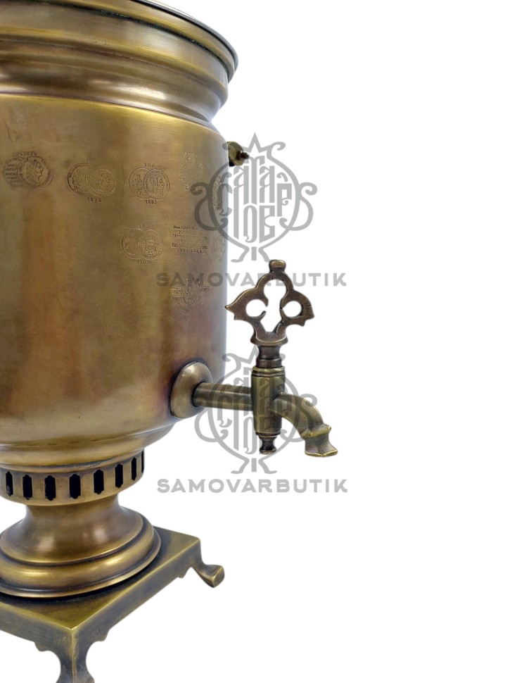 Самовар антикварный на дровах "Банка" с медалями 5 литров наследники В.С. Баташева латунь в патине