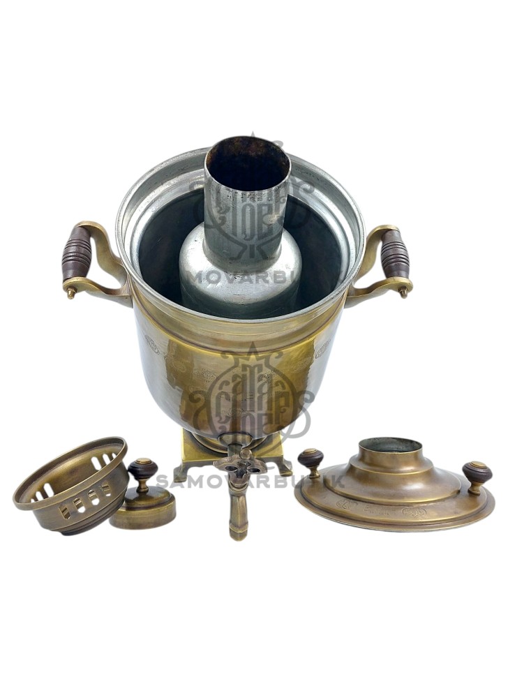 Самовар антикварный на дровах "Банка" с медалями 5 литров наследники В.С. Баташева латунь в патине