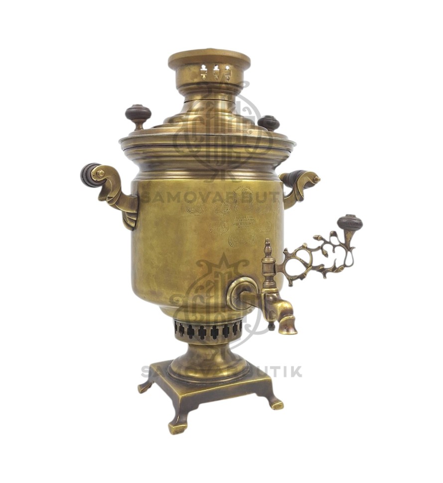 Самовар антикварный на дровах "Банка" с медалями 3,5 литра Бр. Шемарины латунь в патине