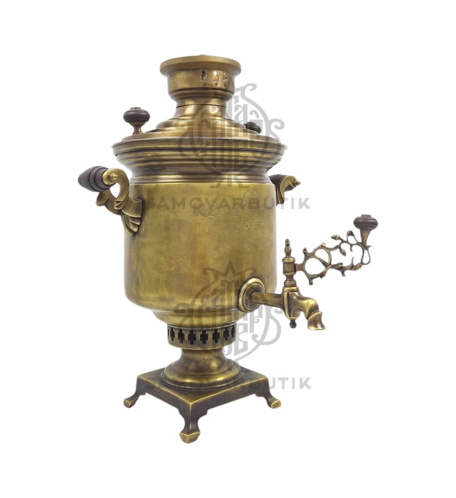 Самовар антикварный на дровах "Банка" с медалями 3,5 литра Бр. Шемарины латунь в патине