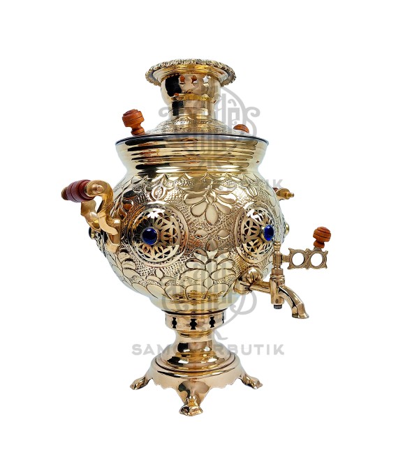 Самовар жаровой 6-6,5 литров "Шар" в бухарской чеканке с лaзуpитaми. Латунь. Авторская работа