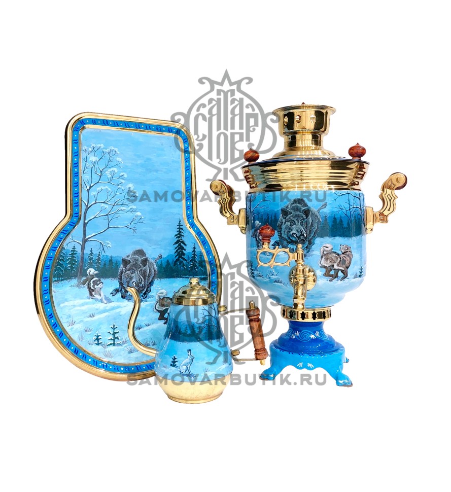 Самовар комбинированный "Банка" 5 литров "Зимняя охота" в наборе