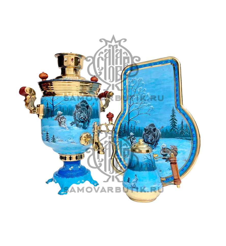 Самовар комбинированный "Банка" 5 литров "Зимняя охота" в наборе